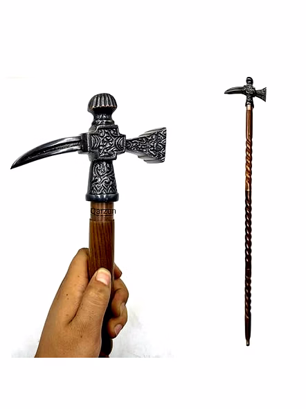Wooden Walking Cane for Women and Men Metal Axe Hammer Style Antique Handle Walking Stick 37"-Qarzun1041