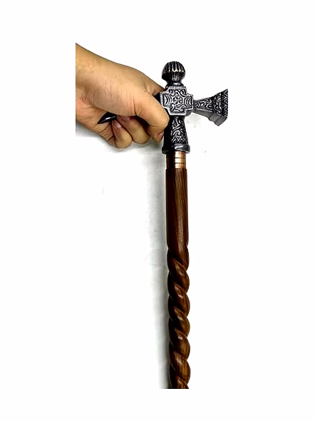 Wooden Walking Cane for Women and Men Metal Axe Hammer Style Antique Handle Walking Stick 37"-2
