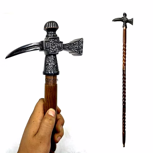 Wooden Walking Cane for Women and Men Metal Axe Hammer Style Antique Handle Walking Stick 37" image 4