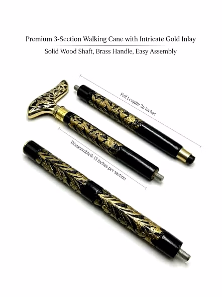 Brass Royal Grip Style Handle Wood Walking Stick Cane with Carving Special Walking Stick in Gold and Black-1