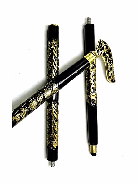 Brass Royal Grip Style Handle Wood Walking Stick Cane with Carving Special Walking Stick in Gold and Black-2