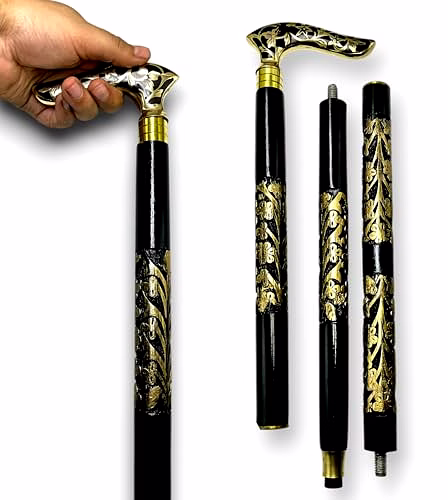 Brass Royal Grip Style Handle Wood Walking Stick Cane with Carving Special Walking Stick in Gold and Black image 4