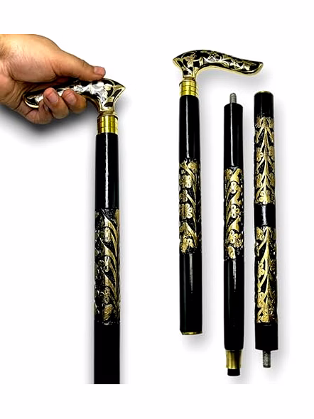 Brass Royal Grip Style Handle Wood Walking Stick Cane with Carving Special Walking Stick in Gold and Black-3