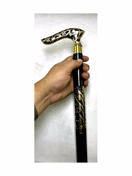 Brass Royal Grip Style Handle Wood Walking Stick Cane with Carving Special Walking Stick in Gold and Black-4