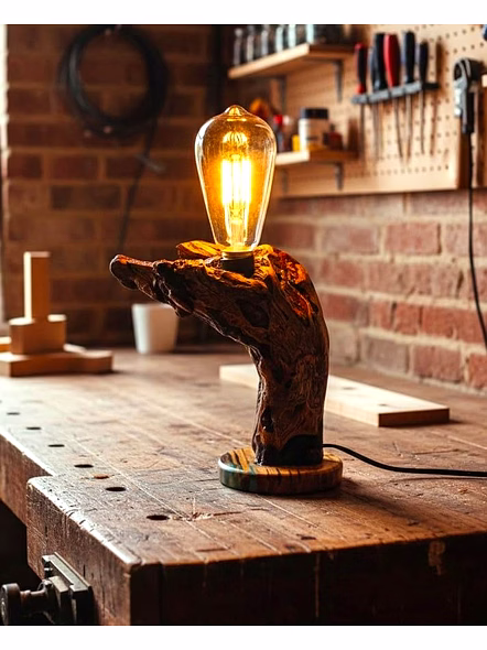 Handmade Driftwood Table Lamp: Natural Wood Sculpture Lighting