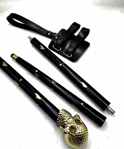 Wooden Walking Cane for Women and Men Brass Skull Style Antique Handle Walking Stick 37" with Leather Black Cord image 2
