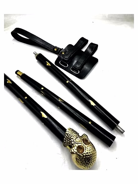 Wooden Walking Cane for Women and Men Brass Skull Style Antique Handle Walking Stick 37" with Leather Black Cord-1