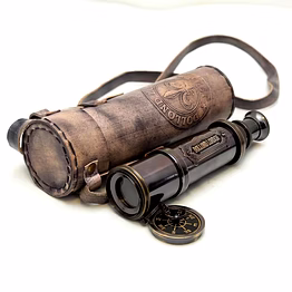qarzun personalized vintage brass handmade telescope 3 side fold engraved option with leather case - antique pirates spyglass – nautical handheld telescope for boating, gift for husband & collectors