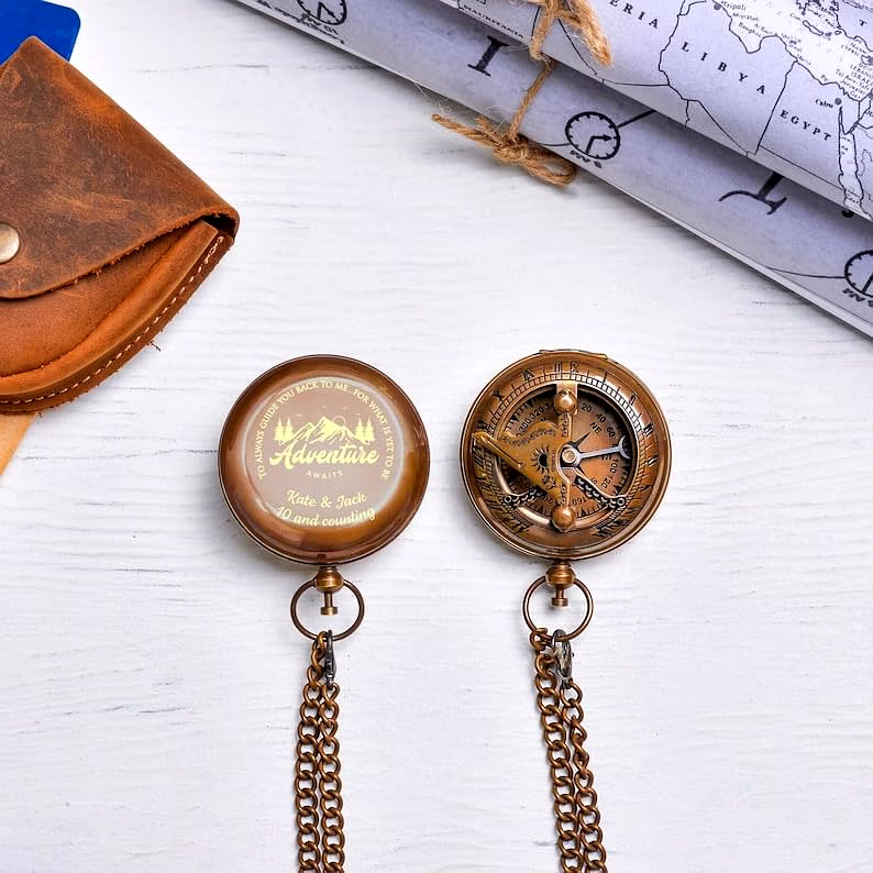Personalized Pocket Compass Sundial Brass Nautical with Leather Cover Birthday Gift for Your lovedones image 5