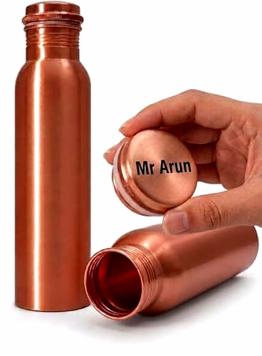 Ayurveda Engraved Name On Lid Copper Bottle 34oz, Leak Proof Copper Water Bottle for Drinking Water, Unique Design Yoga Bottle for Home, Stainless Steel with Screw Lid image 4