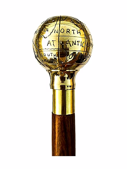 A F Solid Brass Nautical Wooden Cane World Globe Vintage Walking Stick Fold-Able Cane For Men &amp; Women 3 Fold Wooden Walking Cane Gift-Qarzun1062