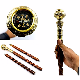 qarzun travelers compass gentleman's walking stick,36inch,brass handle&hardwood cane,victorian handle designer antique wooden compass handle walking stick vintage cane