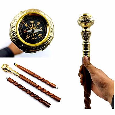 qarzun travelers compass gentleman's walking stick,36inch,brass handle&hardwood cane,victorian handle designer antique wooden compass handle walking stick vintage cane