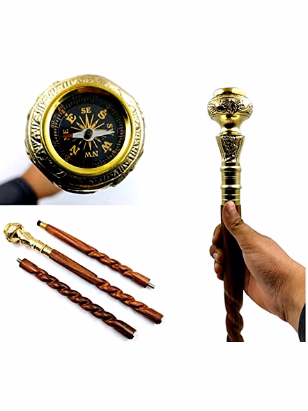 Travelers Compass Gentleman's Walking Stick,36Inch,Brass Handle&amp;Hardwood Cane,Victorian Handle Designer Antique Wooden Compass Handle Walking Stick Vintage Cane-Qarzun1064