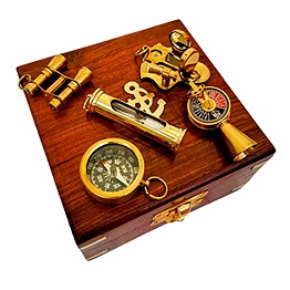 qarzun ascent gifts set of 5 brass keychains keyrings brass compass binocular sand timer sextant telegraph with wood box gift