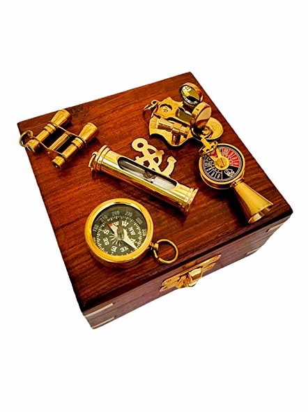 Ascent Gifts Set of 5 Brass Keychains keyrings Brass Compass Binocular Sand Timer Sextant Telegraph with Wood Box Gift