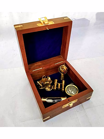 Ascent Gifts Set of 5 Brass Keychains keyrings Brass Compass Binocular Sand Timer Sextant Telegraph with Wood Box Gift