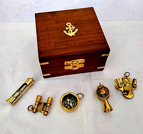 Ascent Gifts Set of 5 Brass Keychains keyrings Brass Compass Binocular Sand Timer Sextant Telegraph with Wood Box Gift image 3