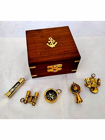 Ascent Gifts Set of 5 Brass Keychains keyrings Brass Compass Binocular Sand Timer Sextant Telegraph with Wood Box Gift-2