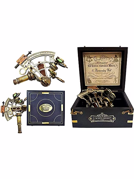 Ascent Gifts Antique Brass Nautical Sextant with Wooden Box Collectible Gift 5"
