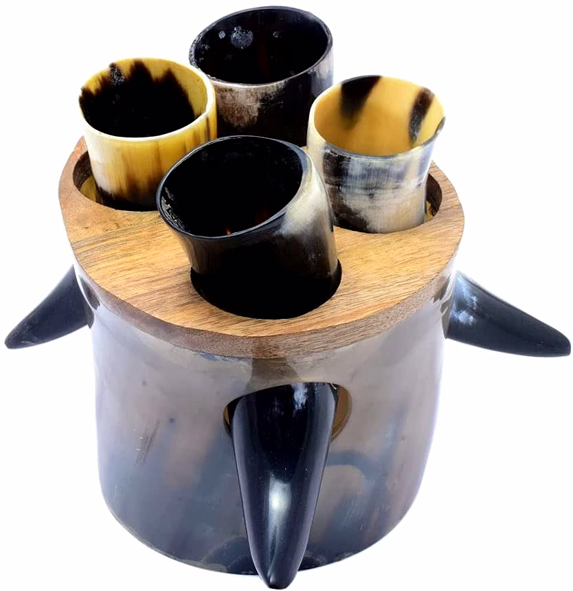qarzun viking drinking horns shot glass kit. 4 shot glass mini horns and a horn stand