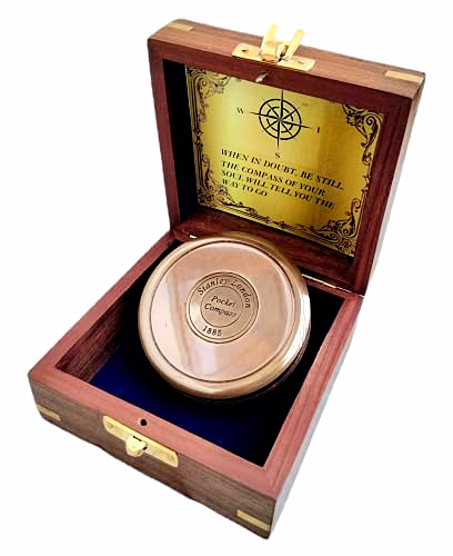 qarzun ascent gifts antique brown finish brass 3" compass - maritime stanley london 1885 gift item with wood box