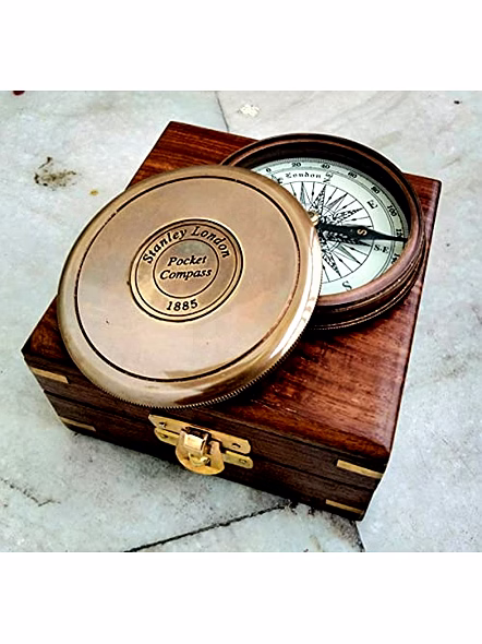 Ascent Gifts Antique Brown Finish Brass 3" Compass - Maritime Stanley London 1885 Gift Item With Wood Box-1