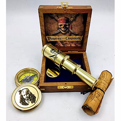 qarzun captain jack sparrow brass compass antique map with mini 2 fold telescope in wood box for pirates lovers
