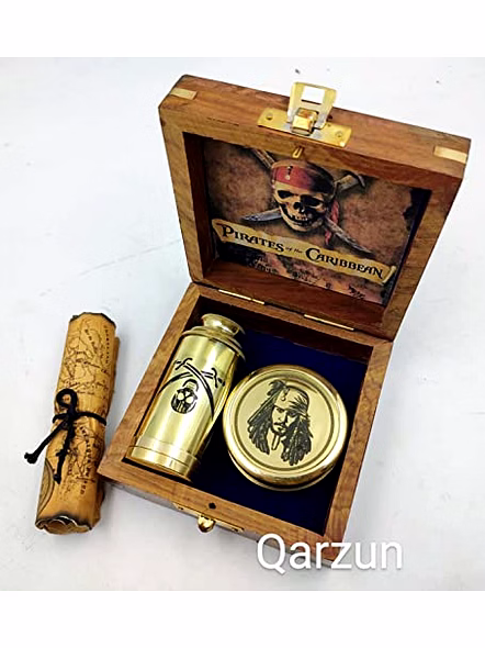 Captain Jack Sparrow Brass Compass Antique Map with Mini 2 fold Telescope in Wood Box for Pirates Lovers