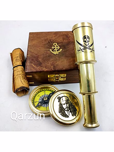 Captain Jack Sparrow Brass Compass Antique Map with Mini 2 fold Telescope in Wood Box for Pirates Lovers-2