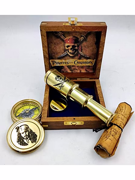 Captain Jack Sparrow Brass Compass Antique Map with Mini 2 fold Telescope in Wood Box for Pirates Lovers-3
