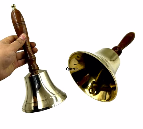 qarzun large & heavy solid brass loud hand call bell for weddings, christmas, school 11"(h) 5"(d) polished brass