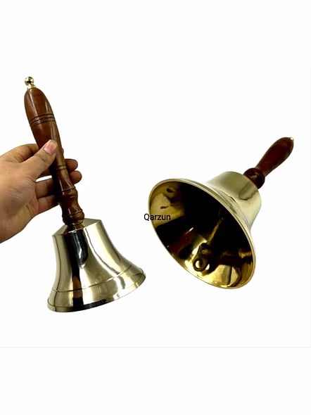 Large &amp; Heavy Solid Brass Loud Hand Call Bell for Weddings, Christmas, School 11"(H) 5"(D) Polished Brass-Qarzun1078