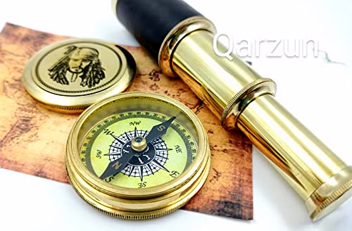 Captain Jack Sparrow Brass Compass with Mini 2 fold Telescope Leather Grip Pirates Lovers Kit image 2