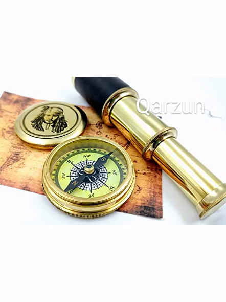 Captain Jack Sparrow Brass Compass with Mini 2 fold Telescope Leather Grip Pirates Lovers Kit-1