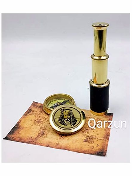 Captain Jack Sparrow Brass Compass with Mini 2 fold Telescope Leather Grip Pirates Lovers Kit-2