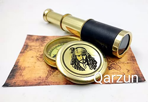 Captain Jack Sparrow Brass Compass with Mini 2 fold Telescope Leather Grip Pirates Lovers Kit image 4