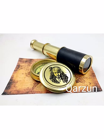 Captain Jack Sparrow Brass Compass with Mini 2 fold Telescope Leather Grip Pirates Lovers Kit-3