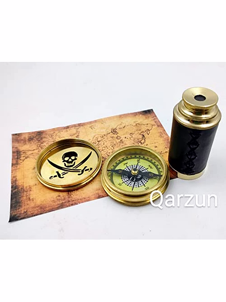 Captain Jack Sparrow Brass Compass with Mini 2 fold Telescope Leather Grip Pirates Lovers Kit-4