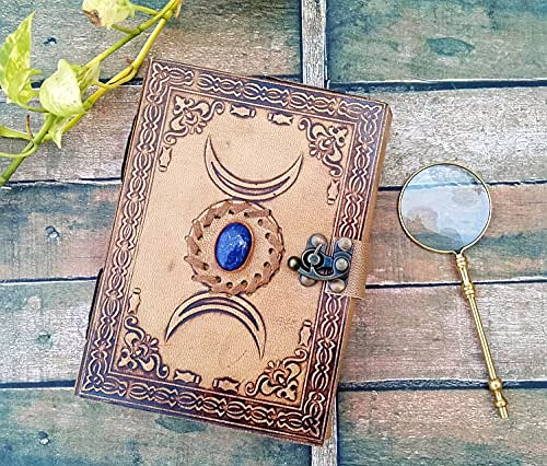 Ascent Gifts Vintage leather grimoire journal - triple moon third eye stone journal With Brass Magnifier- spell witch, book of shadows, Best Gifts For Men women image 1
