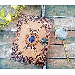 qarzun ascent gifts vintage leather grimoire journal - triple moon third eye stone journal with brass magnifier- spell witch, book of shadows, best gifts for men women