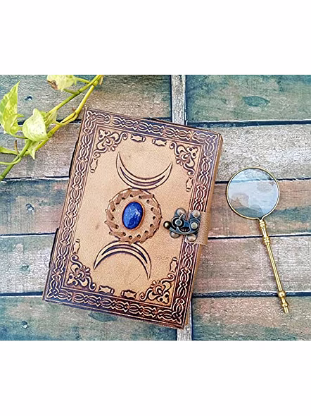Ascent Gifts Vintage leather grimoire journal - triple moon third eye stone journal With Brass Magnifier- spell witch, book of shadows, Best Gifts For Men women
