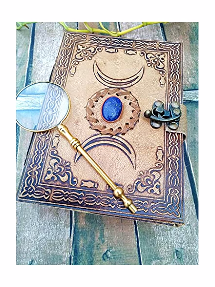 Ascent Gifts Vintage leather grimoire journal - triple moon third eye stone journal With Brass Magnifier- spell witch, book of shadows, Best Gifts For Men women-2