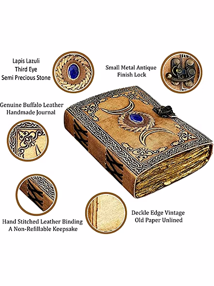 Ascent Gifts Vintage leather grimoire journal - triple moon third eye stone journal With Brass Magnifier- spell witch, book of shadows, Best Gifts For Men women-4