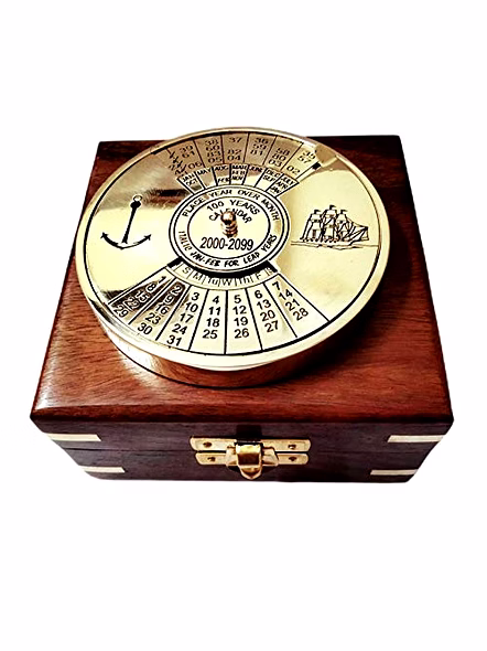 Ascent Gifts Shiny Finish Brass Calendar Paper Weight with Wood Box Maritime Gift Item-Qarzun1089