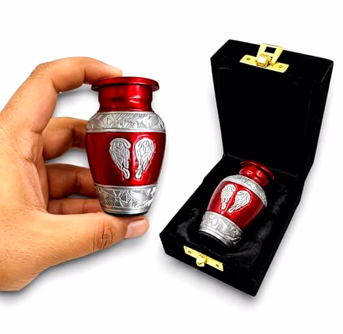 qarzun mini keepsake red urn for ashes - miniature urns - mini jar - token urn with velvet box