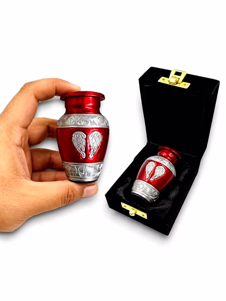 Mini Keepsake Red Urn for Ashes - Miniature Urns - Mini Jar - Token Urn with Velvet Box