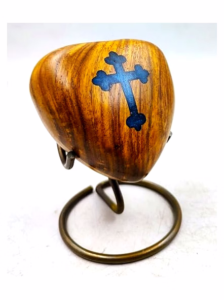 Wooden Heart Keepsake Handcrafted Unique Heart Shaped Cross with Brass Display Stand Tabletop-3