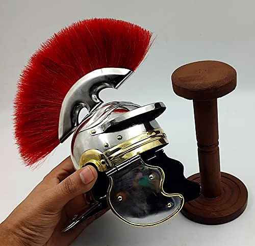 Metal Mini Roman Helmet with Wood Stand Table Desk Decorative image 2