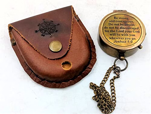 Antique Nautical Vintage Directional Magnetic Compass with Famous Scripture Quote Engraved Baptism Gifts with Leather Case for Loved Ones, Son, Father, Love (Be Strong) image 2
